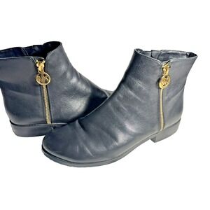 Michael Kors Women Black Leather Ankle Boots Gold MK Zipper Side Zip Size 9M